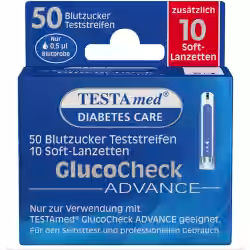 TESTAmed GlucoCheck ADVANCE Teststreifen 1 Packung = 50 Blutzucker Teststreifen + 10 Soft-Lanzetten