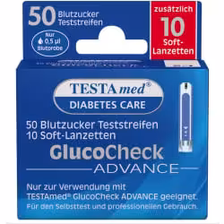 TESTAmed GlucoCheck ADVANCE Teststreifen 1 Packung = 50 Blutzucker Teststreifen + 10 Soft-Lanzetten
